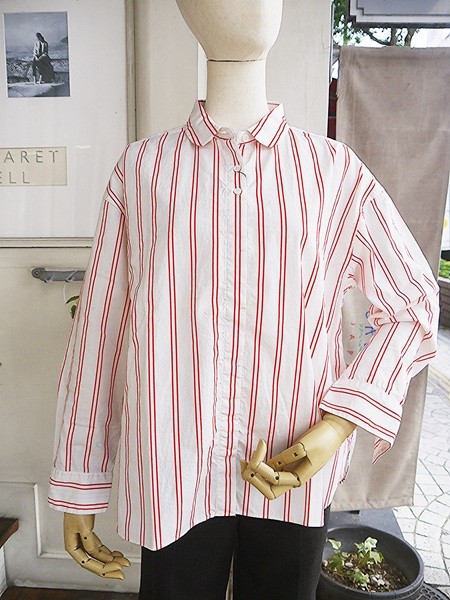 Wラインストライププリントラウンドカラーシャツ　1540652